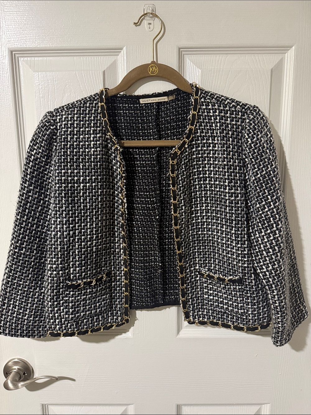 Mustard Seed Black and White Tweed Chain-Trim Open Jacket